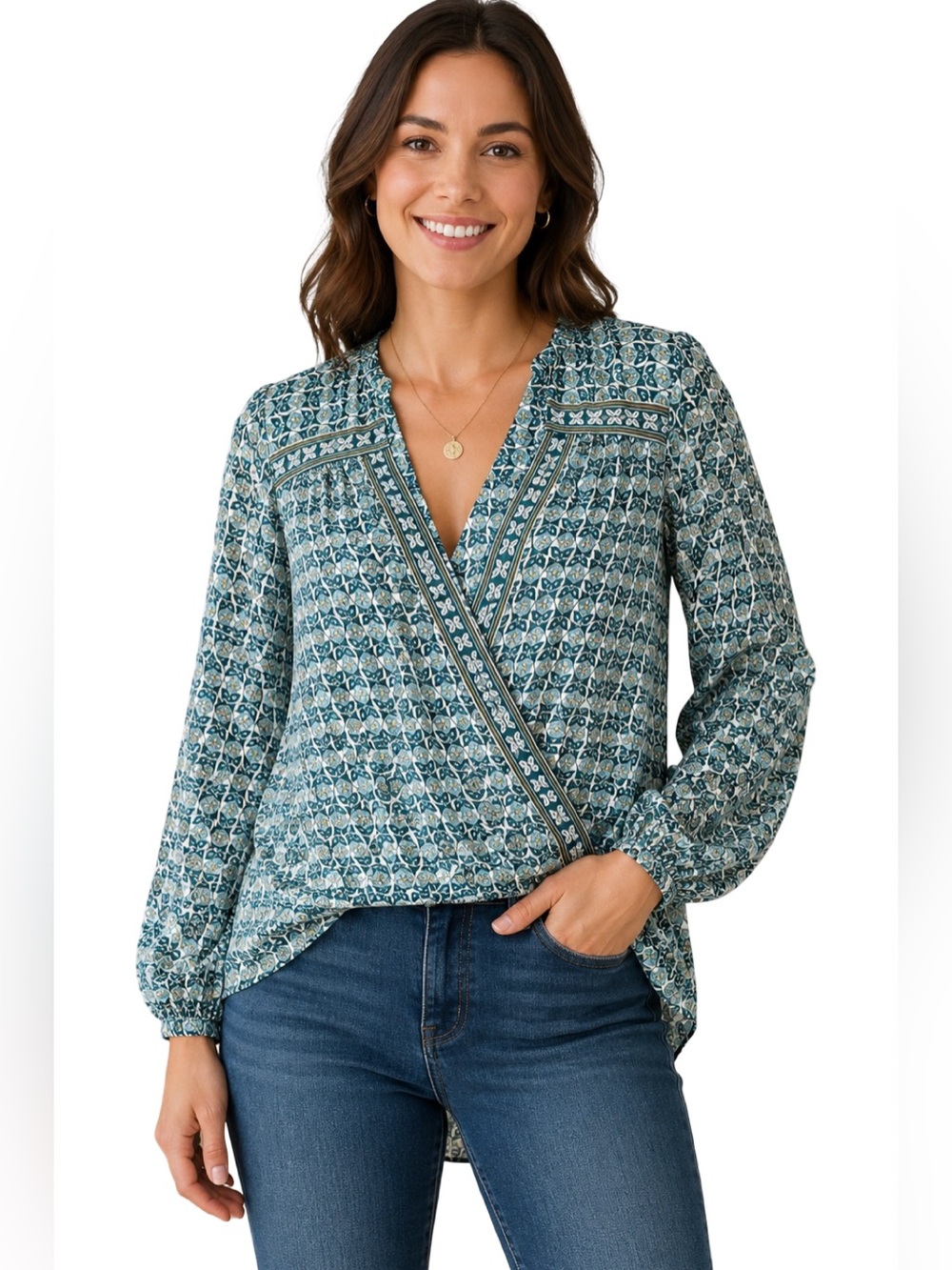 Max Studio Floral Faux Wrap High Low Long Sleeve Blouse